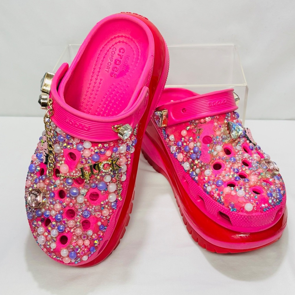 CROCS Pink Rhinestone Bejeweled Platform Mules - Picture 5 of 9